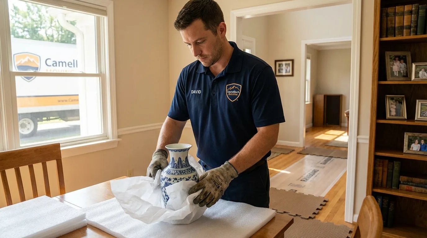 Professional crew carefully wrapping antique vase for senior downsizing move in Dandridge, TN
